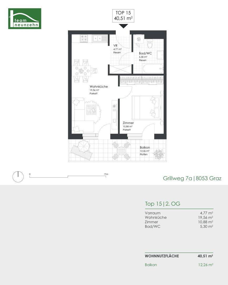 Grundriss der Wohnung Top 15 mit 40,51 m² Wohnnutzfläche und Balkon.