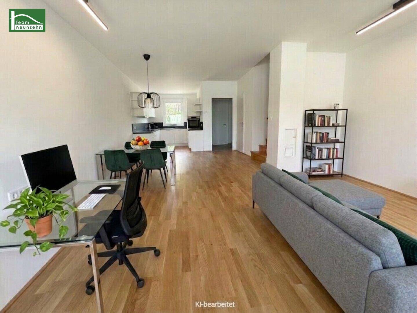 Virtuell inszenierter offener Wohn-, Ess- und Küchenbereich mit modernem Design und Mobiliar.