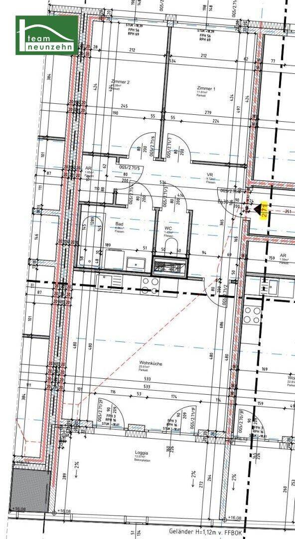 Detaillierter Grundrissplan mit Raumaufteilung und Maßangaben für die Wohnung.