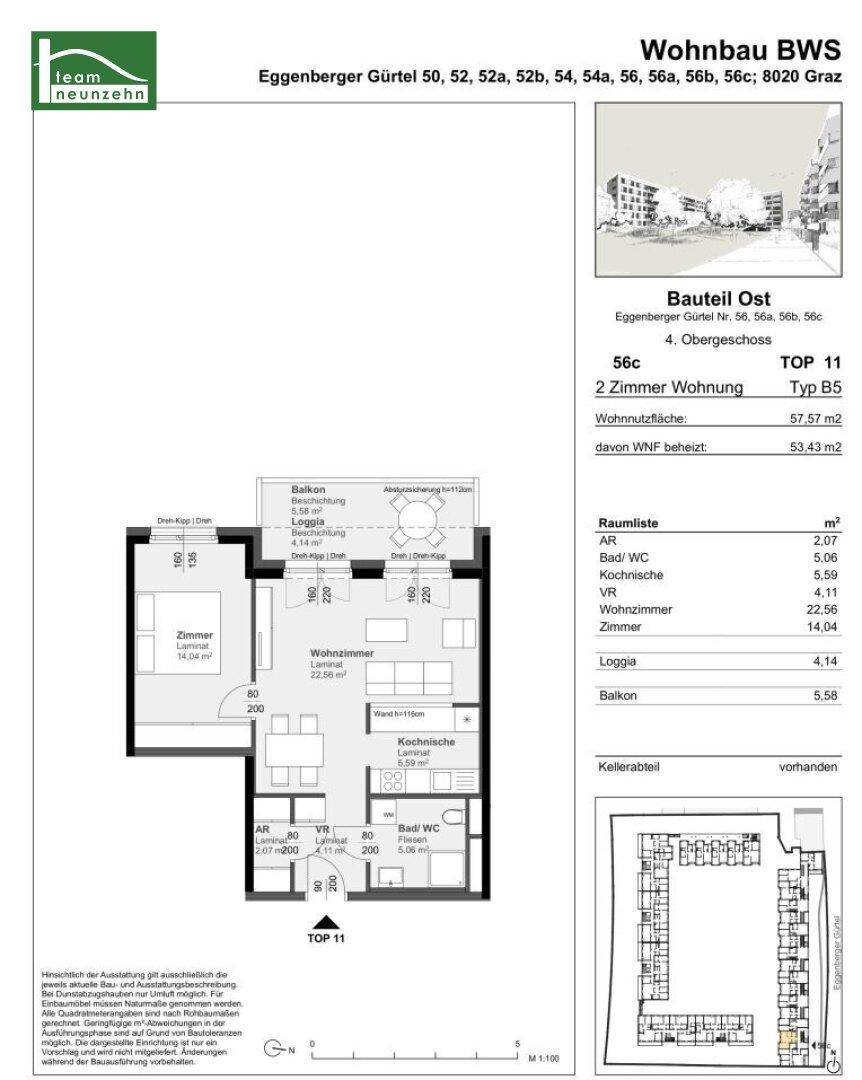 Grundriss einer 2-Zimmer-Wohnung im 4. Obergeschoss mit Loggia und Balkon.