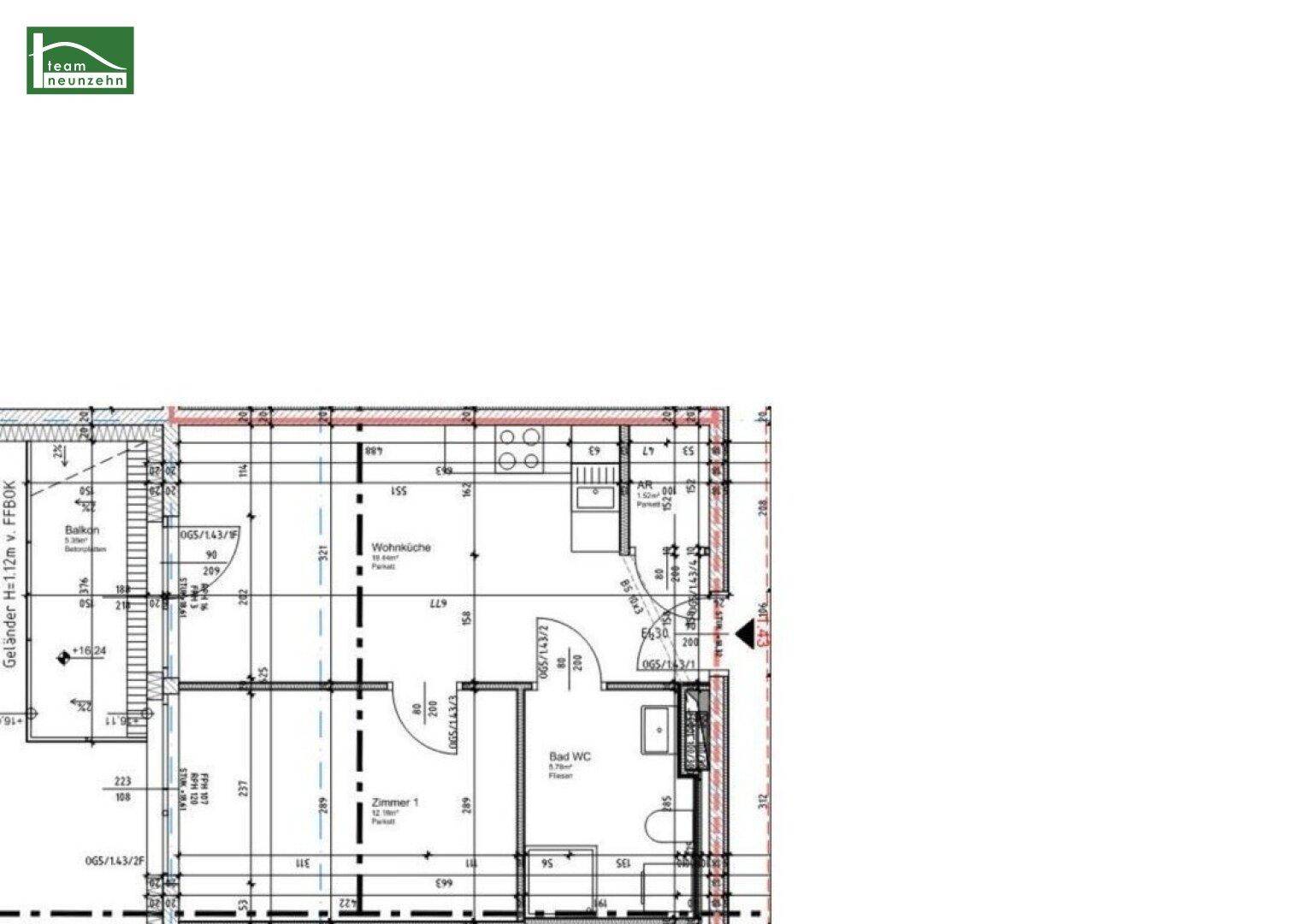Detaillierter Grundriss mit Wohnküche, Bad/WC und einem Zimmer, inklusive Maßangaben.
