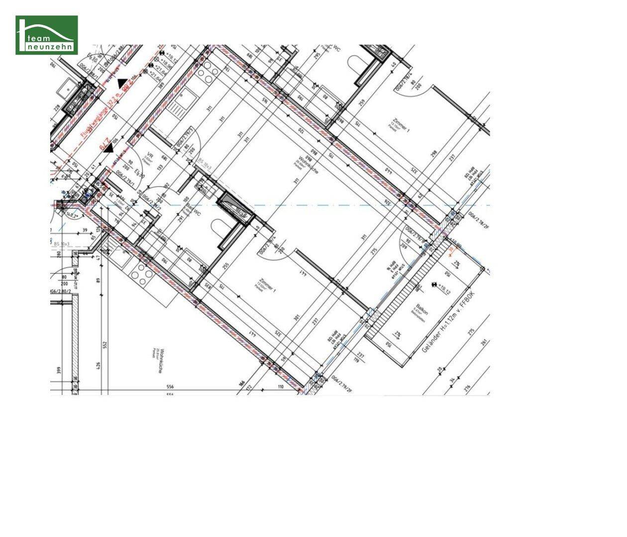 Detaillierter Grundriss einer Wohnung mit Raumaufteilung und Maßen.