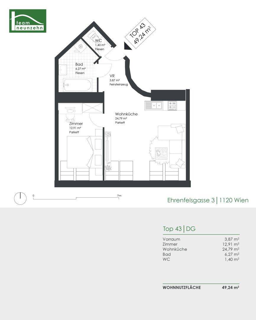 Grundriss der Dachgeschosswohnung Top 43 mit 49,24 m² Wohnnutzfläche.