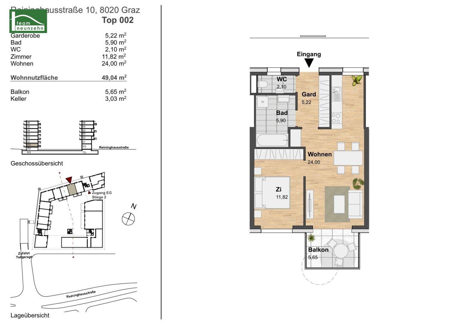 Detaillierter Grundriss einer Wohnung mit Wohnbereich, Schlafzimmer und Balkon.