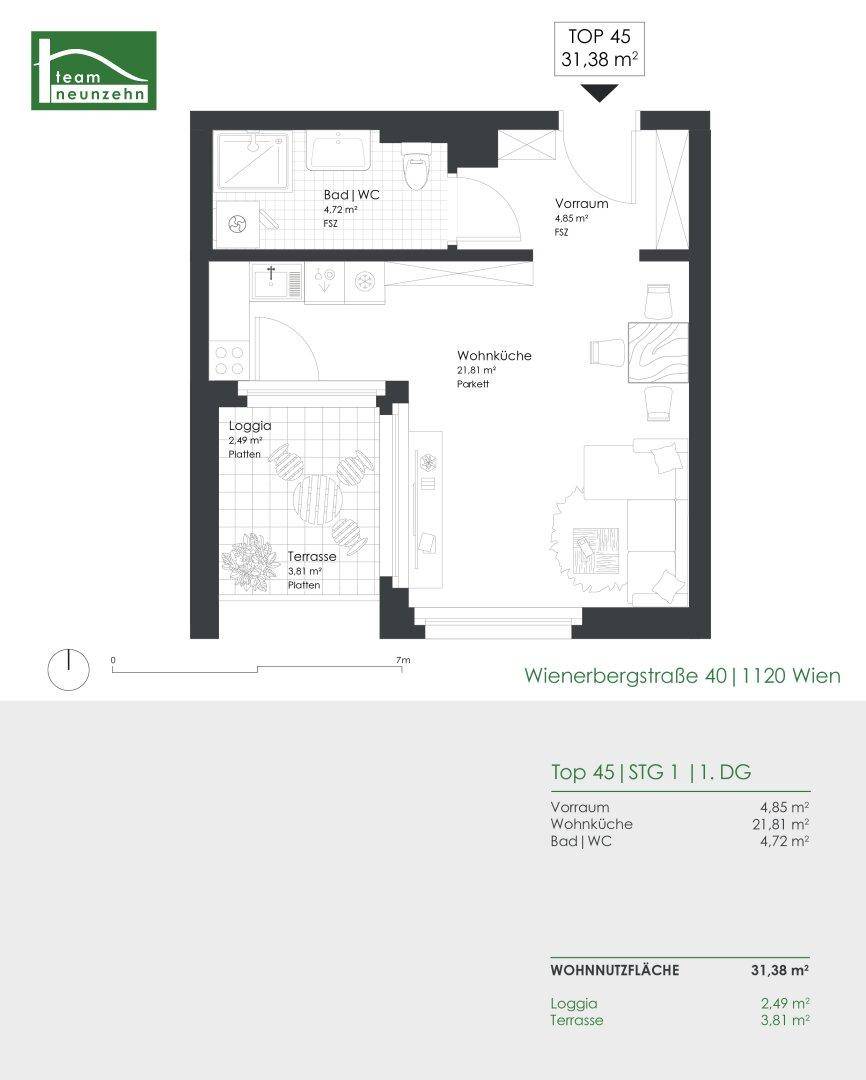 Grundriss einer kompakten Wohnung mit offener Wohnküche, Bad/WC, Loggia und Terrasse.