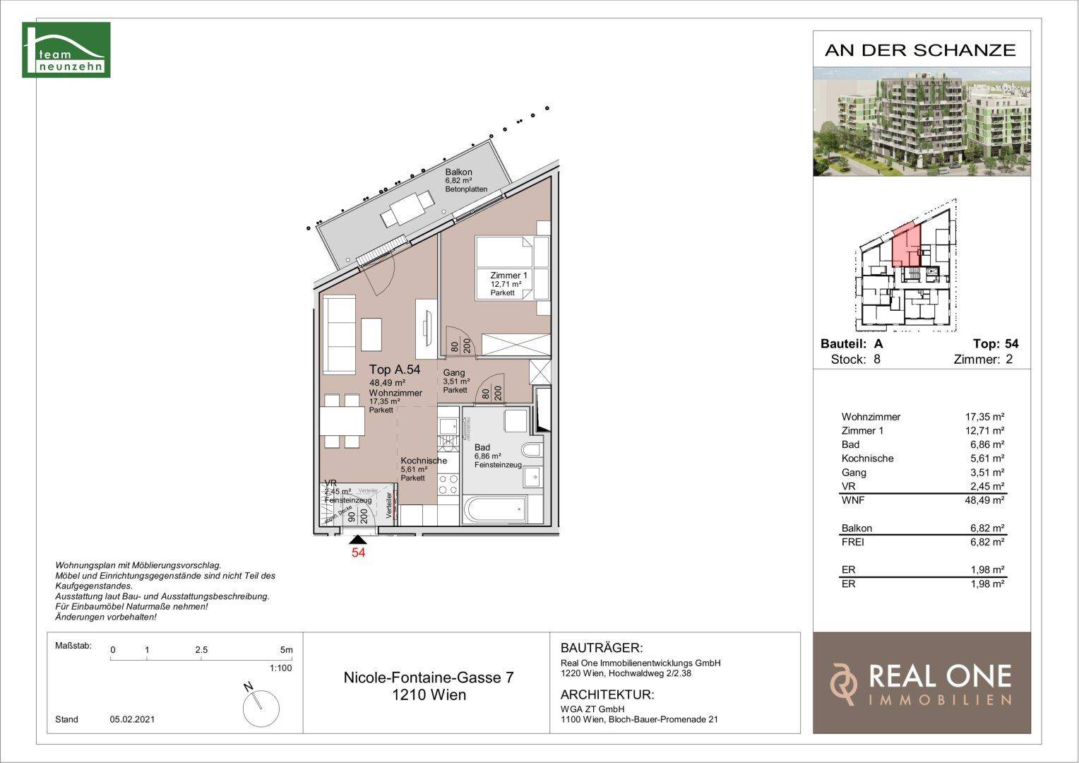 Detaillierter Grundriss der Wohnung Top A 54 mit Wohnzimmer, Schlafzimmer, Küche und Balkon.