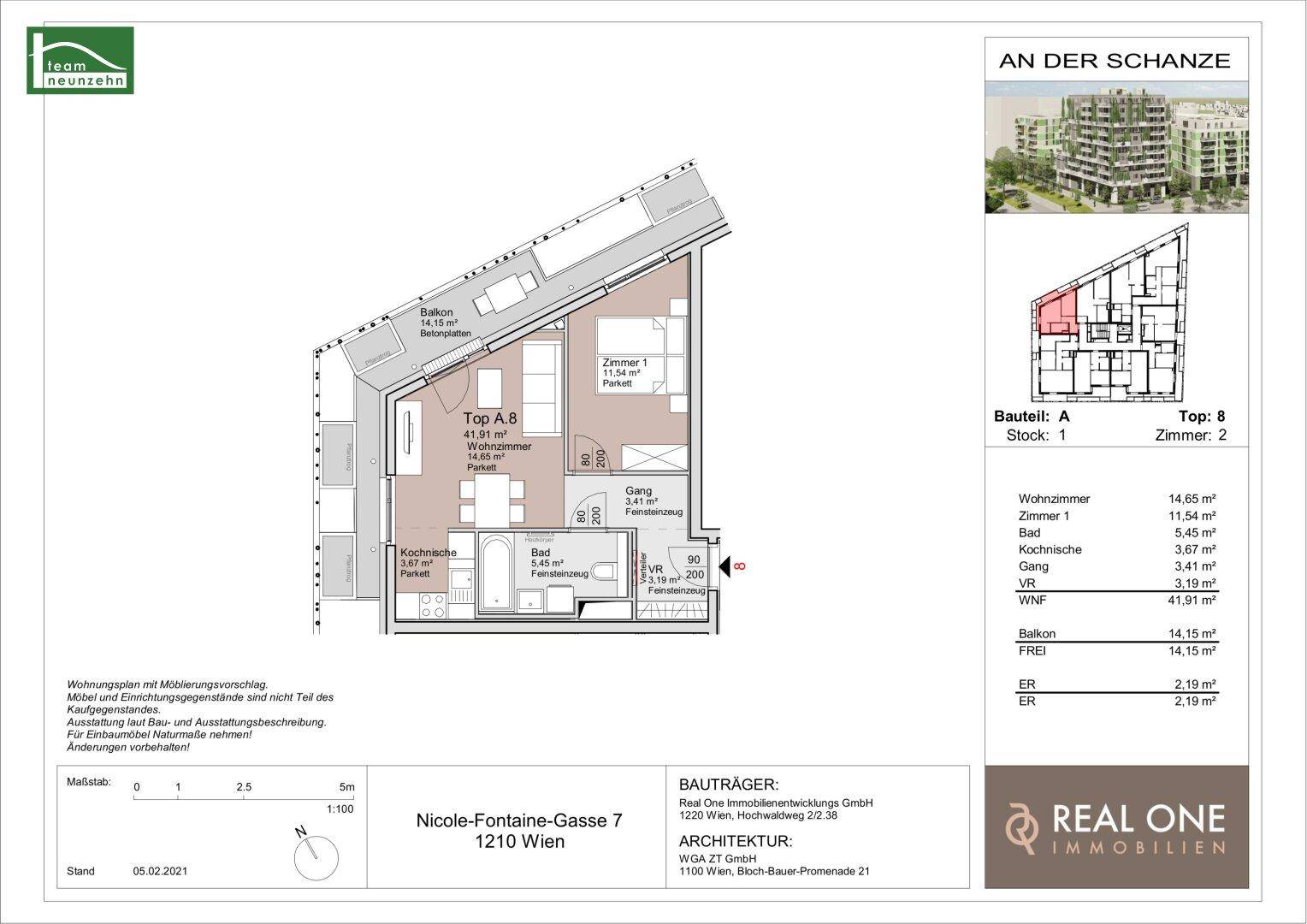 Grundriss der Wohnung Top 8 mit zwei Zimmern, Balkon und offener Küche.