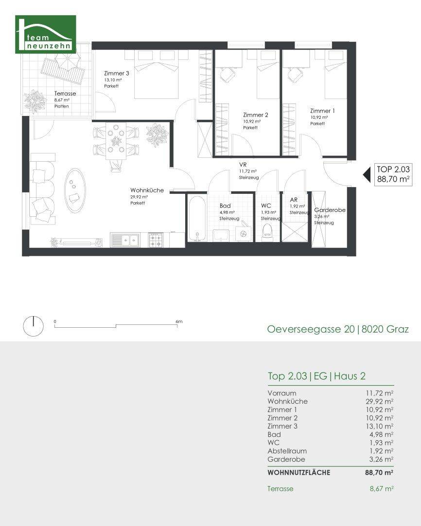 Grundriss einer Wohnung mit offener Wohnküche, drei Schlafzimmern, Bad, separatem WC und einer Terrasse.