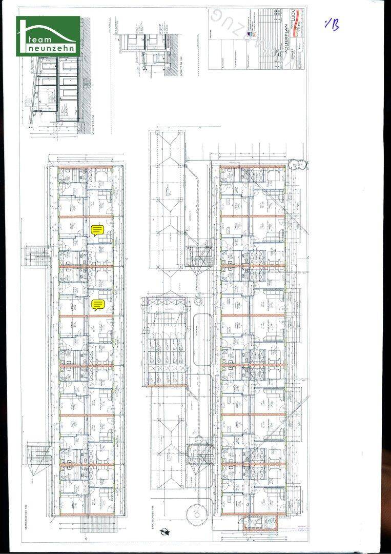 Detaillierter Grundrissplan einer Wohnanlage mit mehreren Wohneinheiten und deren Aufteilung.