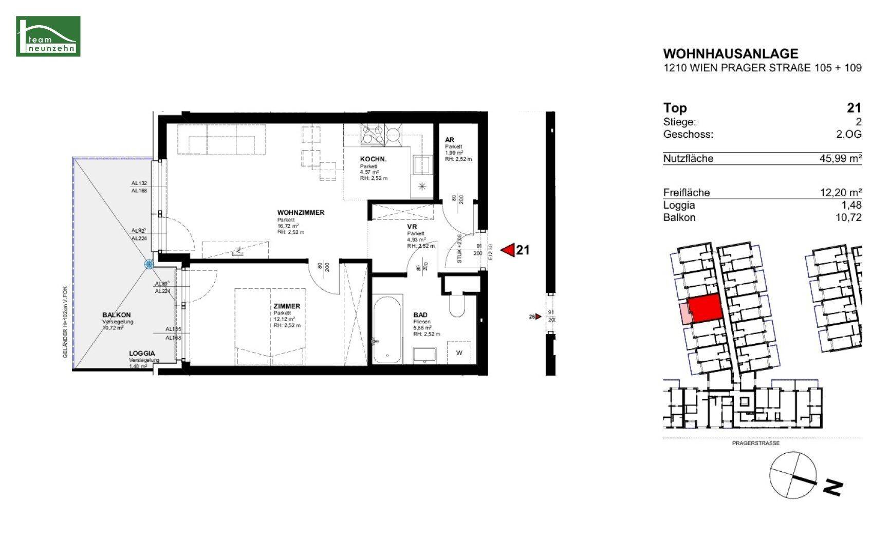 Detaillierter Grundriss der Wohnung mit Raumaufteilung, Balkon und Loggia.
