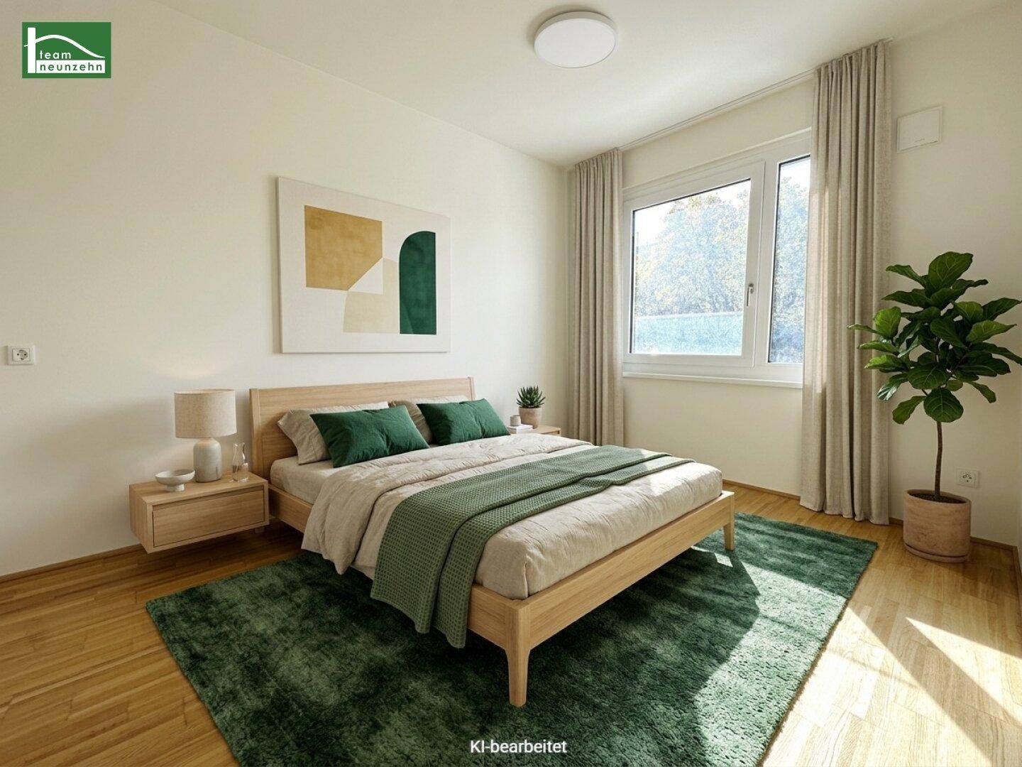 Virtuell inszeniertes Schlafzimmer mit Holzbett, grünem Teppich und viel Tageslicht.