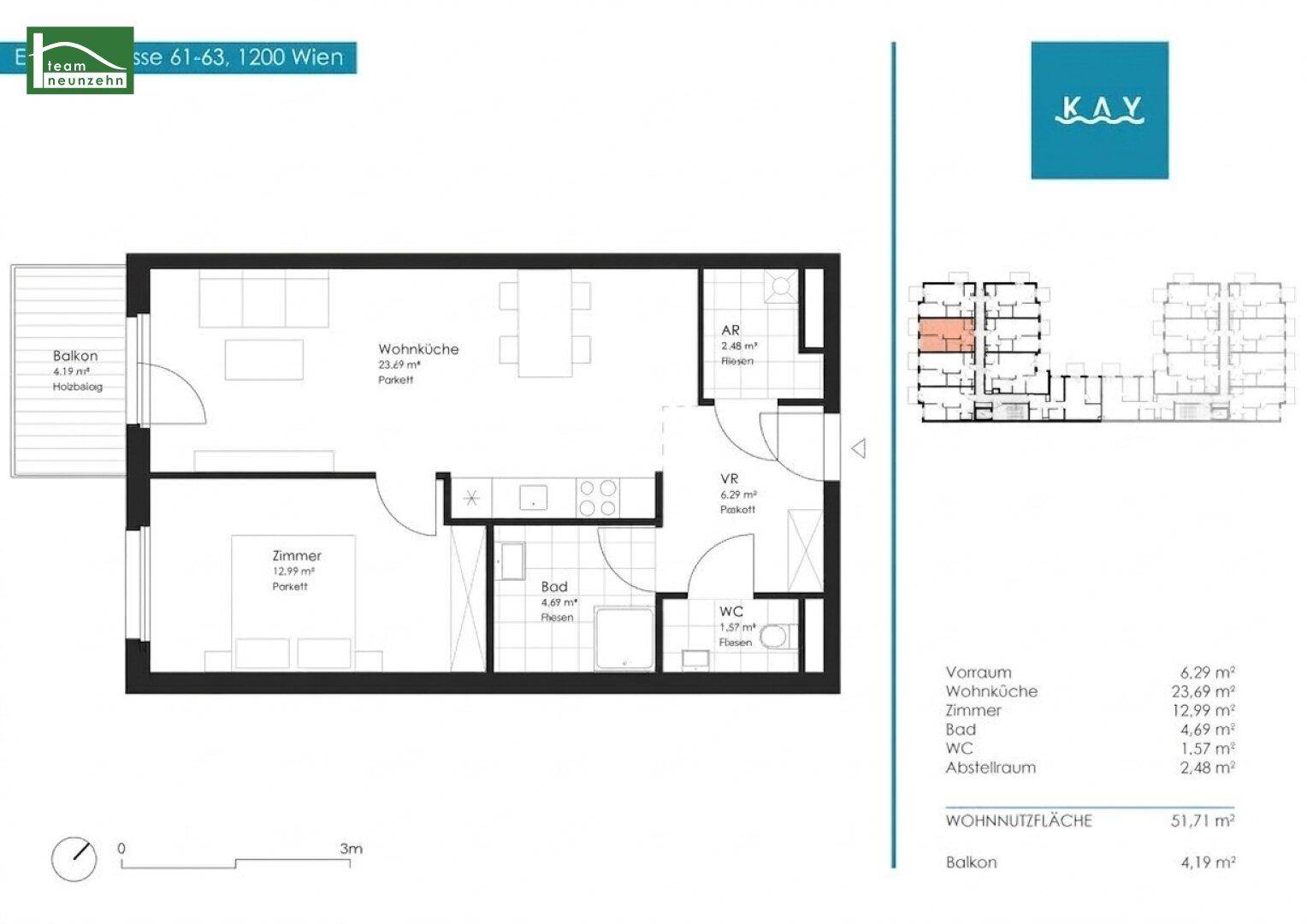 Grundriss einer Wohnung mit Wohnküche, Zimmer, Bad, WC und Balkon.