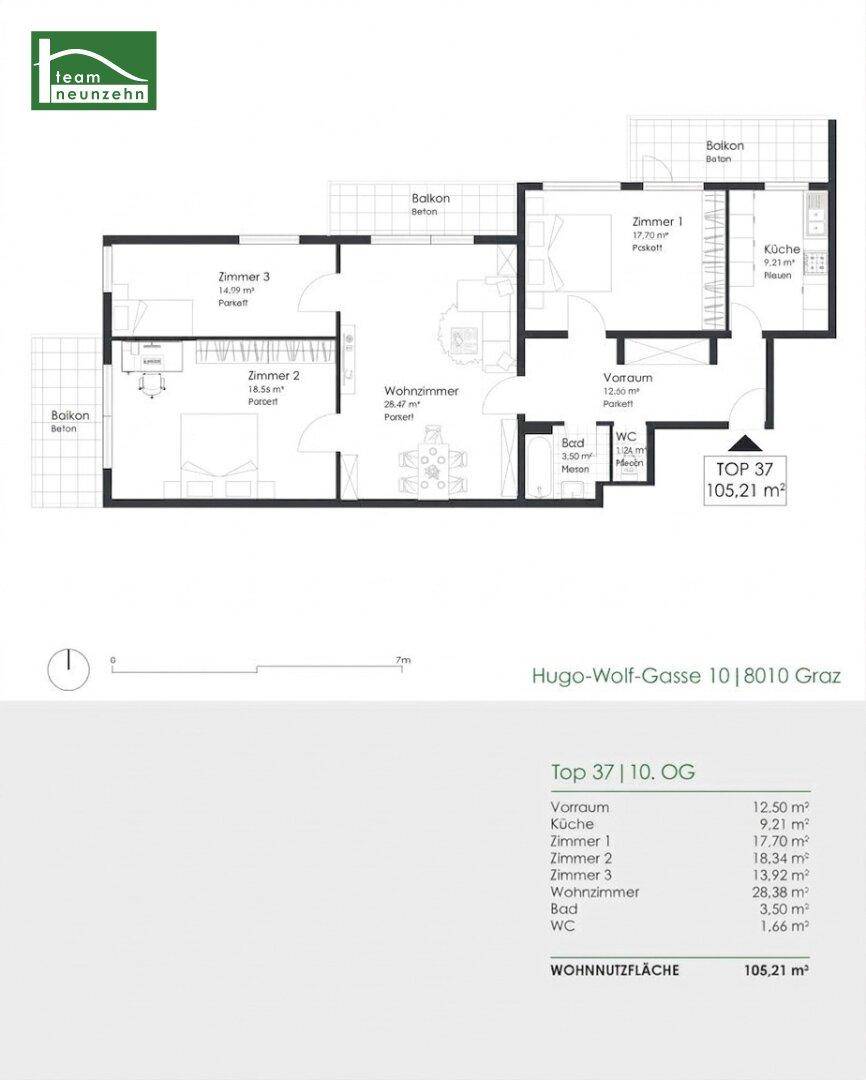 Grundrissplan einer Wohnung mit drei Zimmern, Wohnzimmer, separater Küche, Bad, WC und mehreren Balkonen.