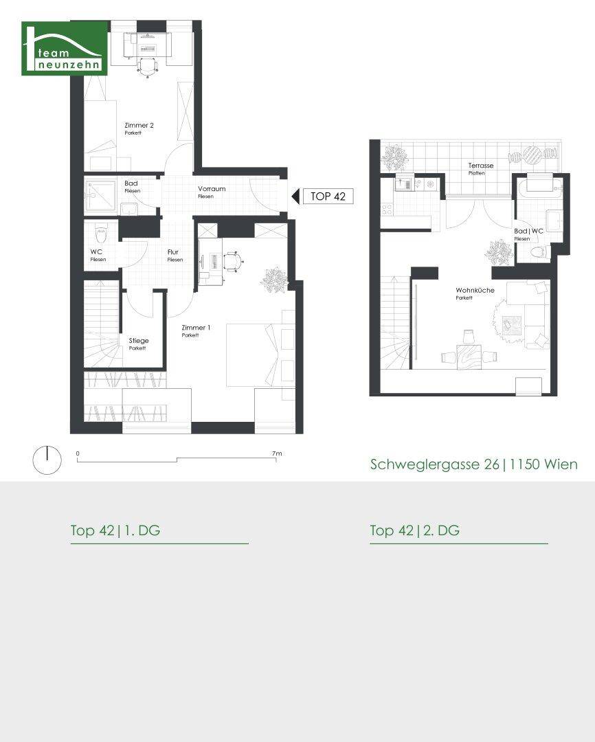 Grundrisspläne zeigen die Aufteilung der Maisonette-Wohnung über zwei Dachgeschossebenen.