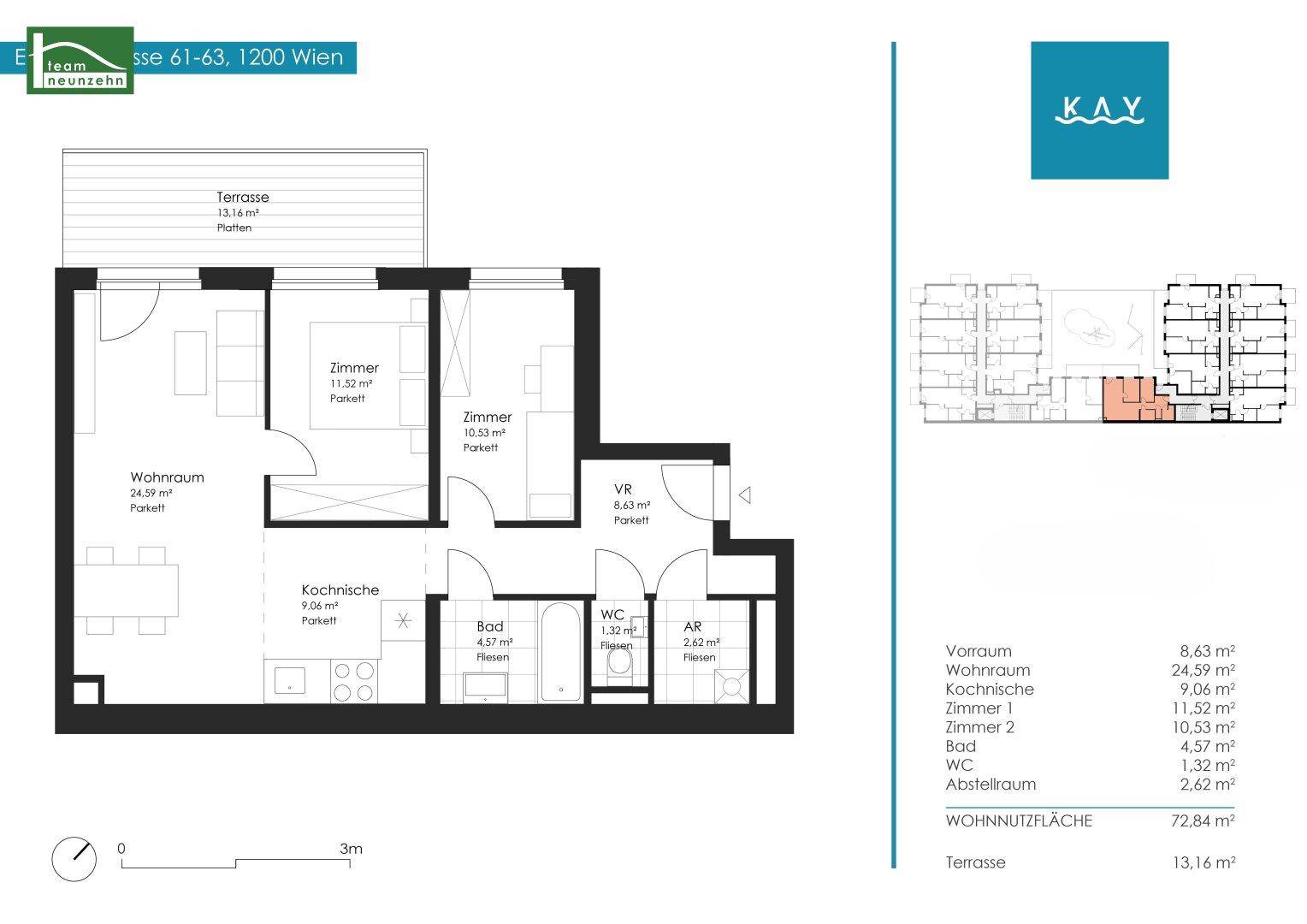 Grundrissplan einer Wohnung mit offenem Wohnraum, Kochbereich, zwei Zimmern und einer Terrasse.