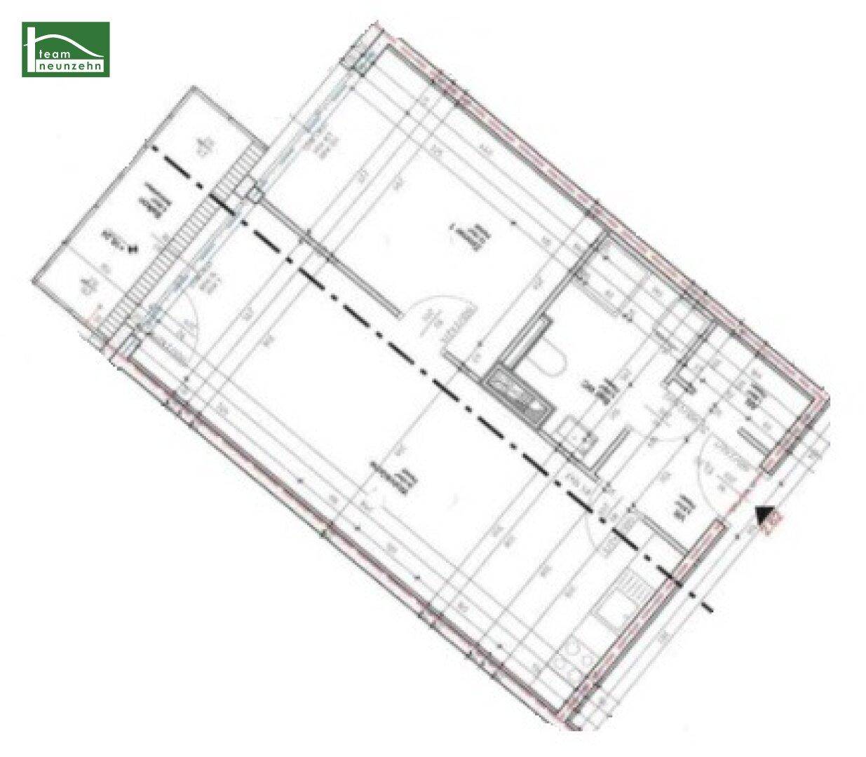 Technischer Grundrissplan einer Wohneinheit mit Raumaufteilung und Maßen.