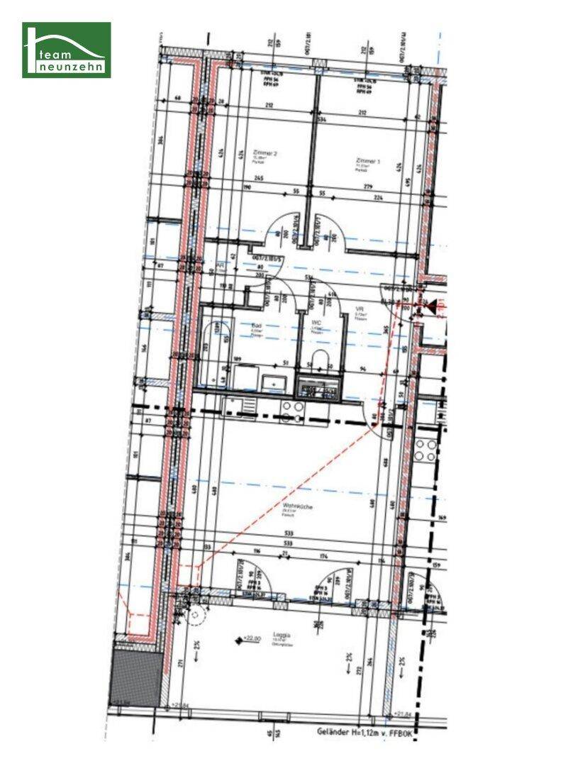 Grundrissplan einer Wohnung mit drei Zimmern, offener Küche, Bad, separatem WC und Loggia.