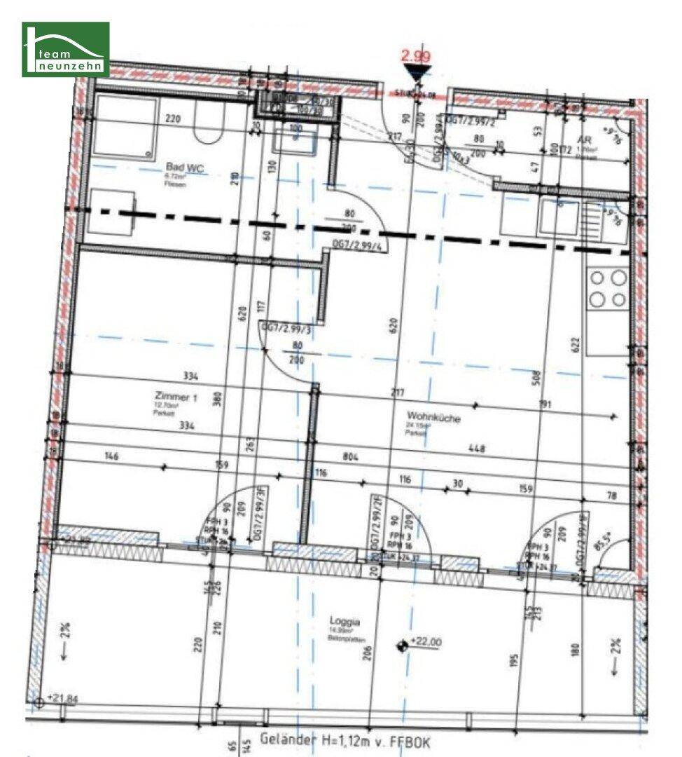 Detaillierter Grundriss einer Wohnung mit Loggia, Wohnküche und einem Schlafzimmer.