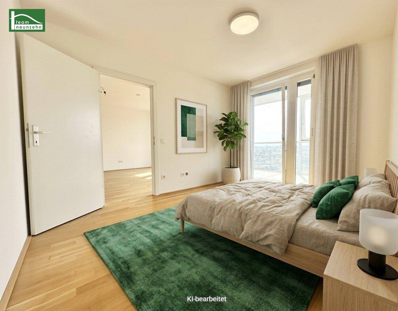 Modern eingerichtetes Schlafzimmer mit Holzboden und Zugang zum Balkon.