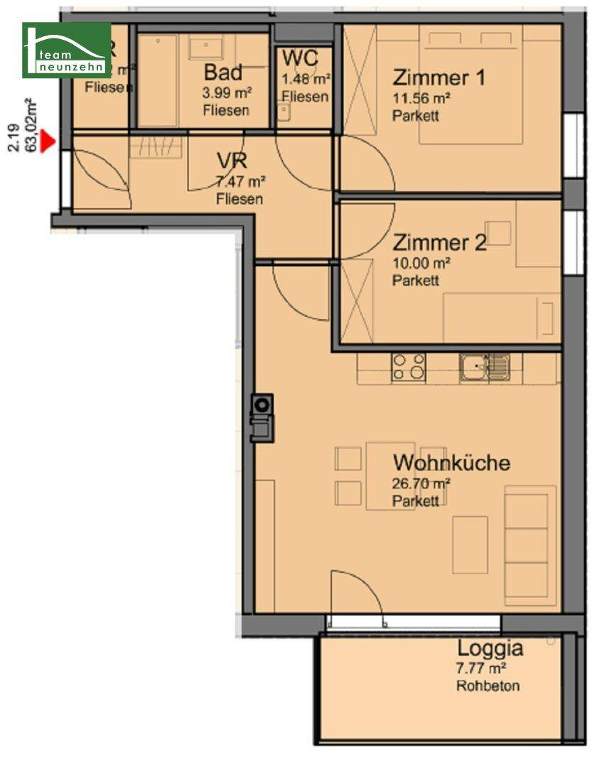 Detaillierter Grundriss der Wohnung mit Wohnküche, zwei Zimmern, Bad, WC und Loggia.