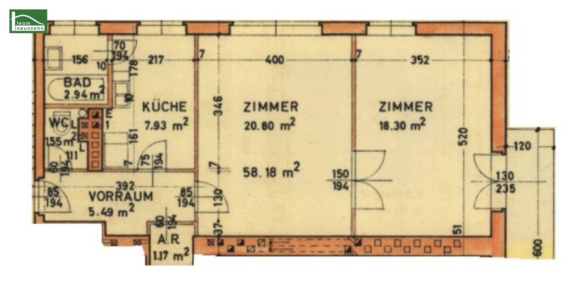 Grundriss einer Wohnung mit drei Zimmern, Bad, WC und Küche, Gesamtfläche 58.18 m².