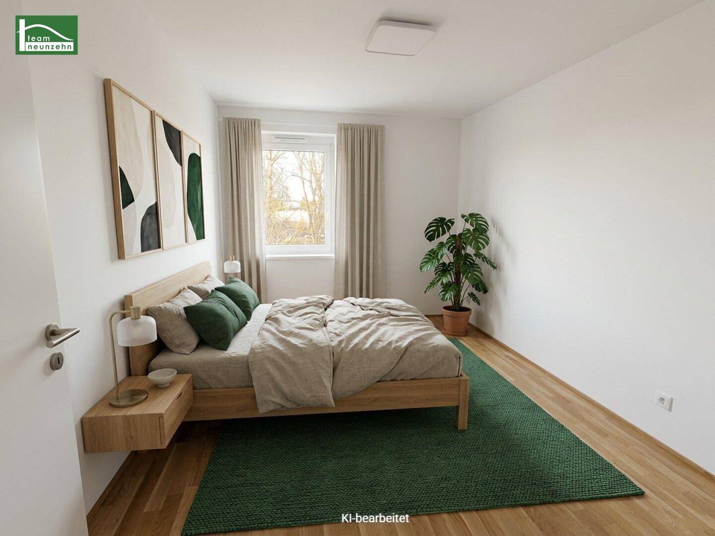 Modern eingerichtetes Schlafzimmer mit Holzbett, Nachttischen und einem grünen Teppich.