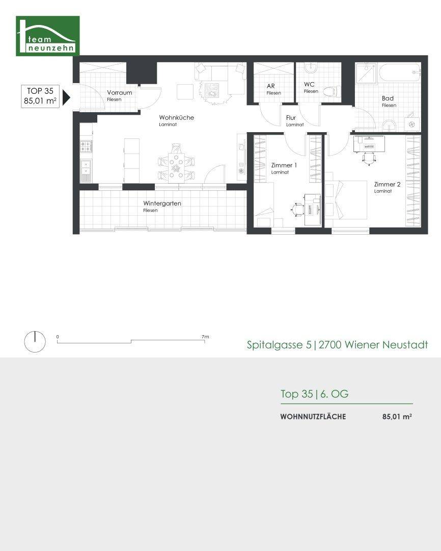 Grundriss einer Wohnung mit offener Wohnküche, zwei Zimmern, Bad, WC und Wintergarten.