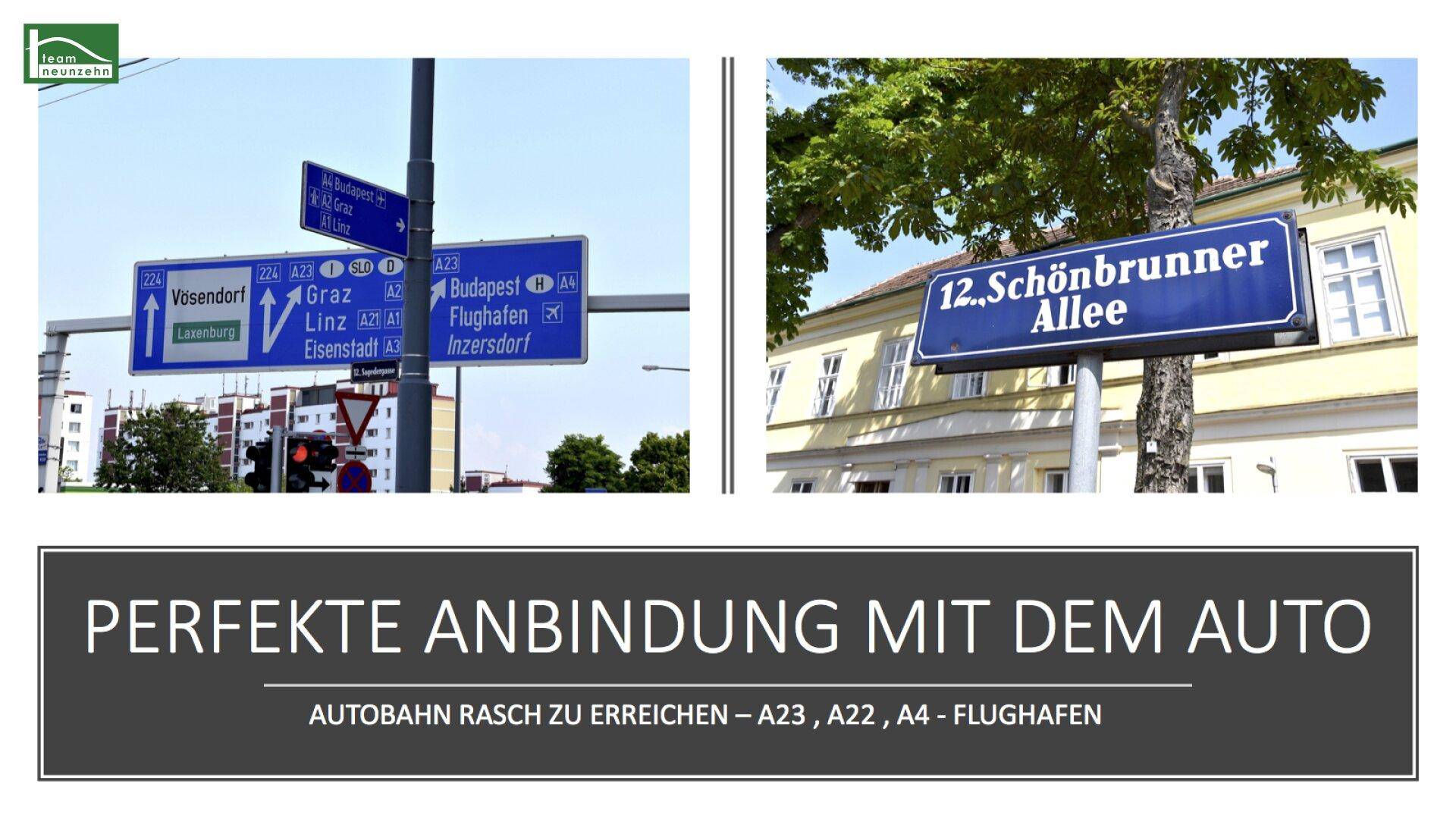 Verkehrsschilder zeigen die gute Anbindung an Autobahnen und den Flughafen sowie die Lage an der Schönbrunner Allee.