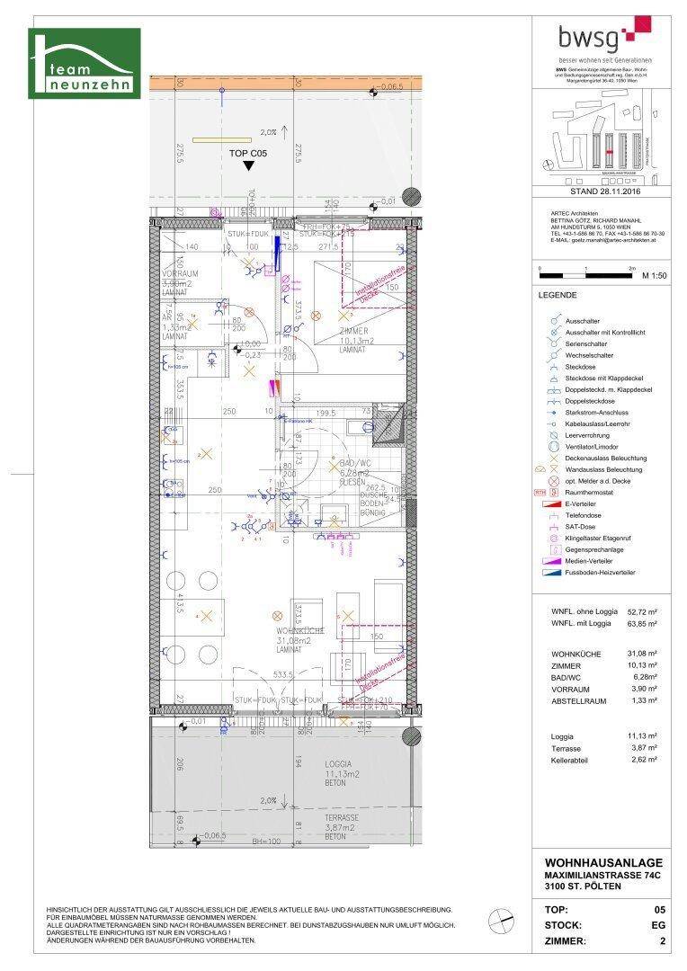 Detaillierter Grundriss einer Wohnung mit Raumaufteilung und Flächenangaben.