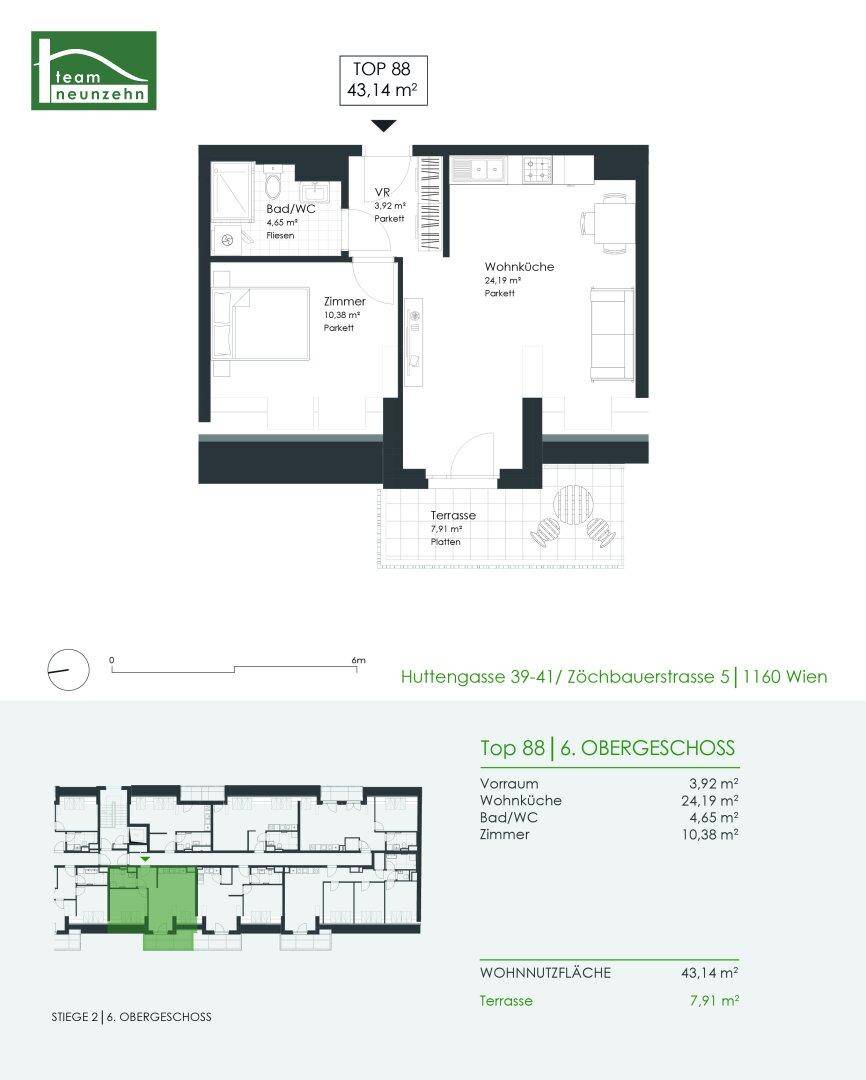 Detaillierter Grundriss der Wohnung Top 88 im 6. Obergeschoss mit Wohnküche und Terrasse.