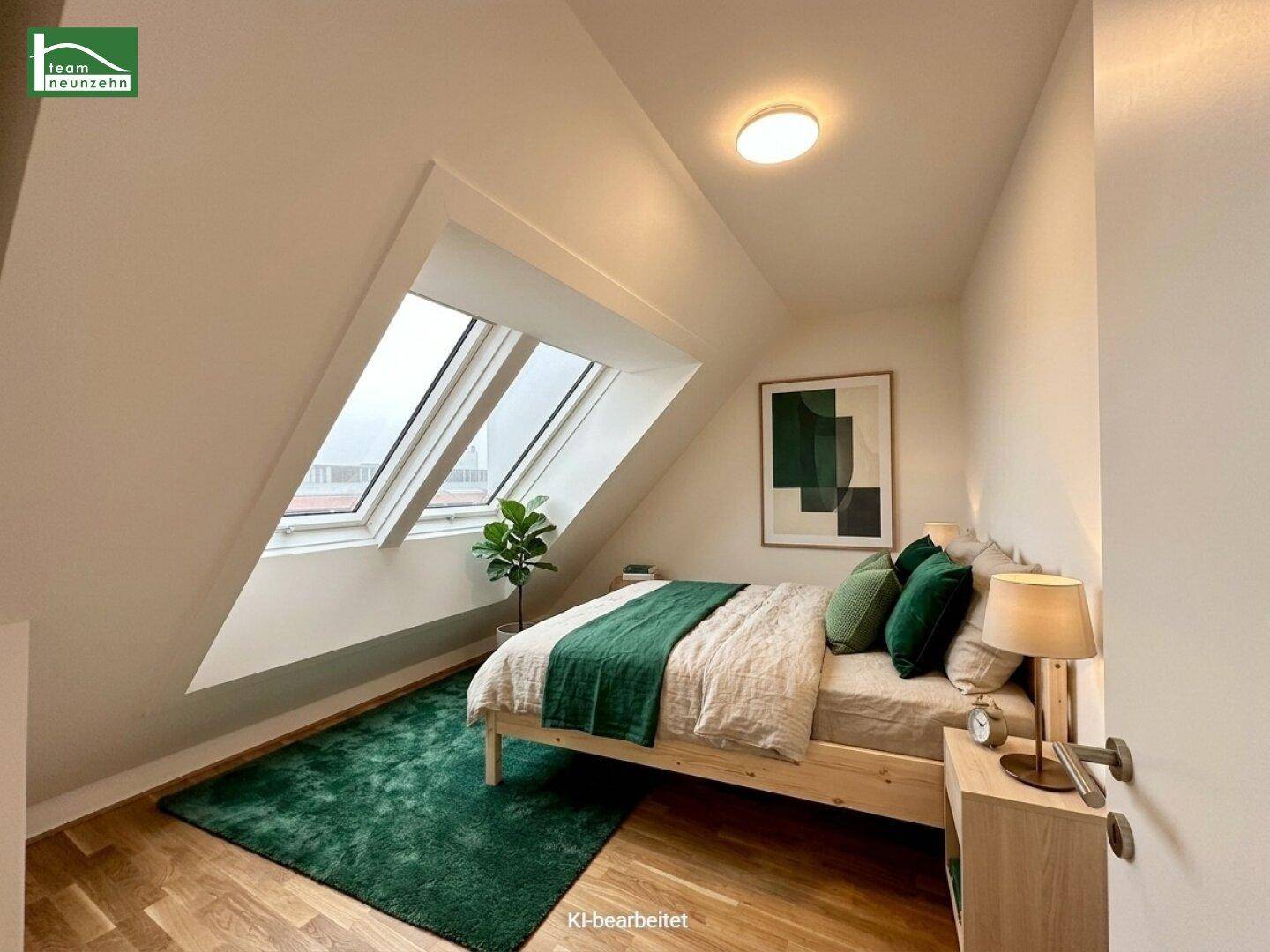 Virtuell eingerichtetes Schlafzimmer mit Dachfenstern, Holzboden und moderner Dekoration.