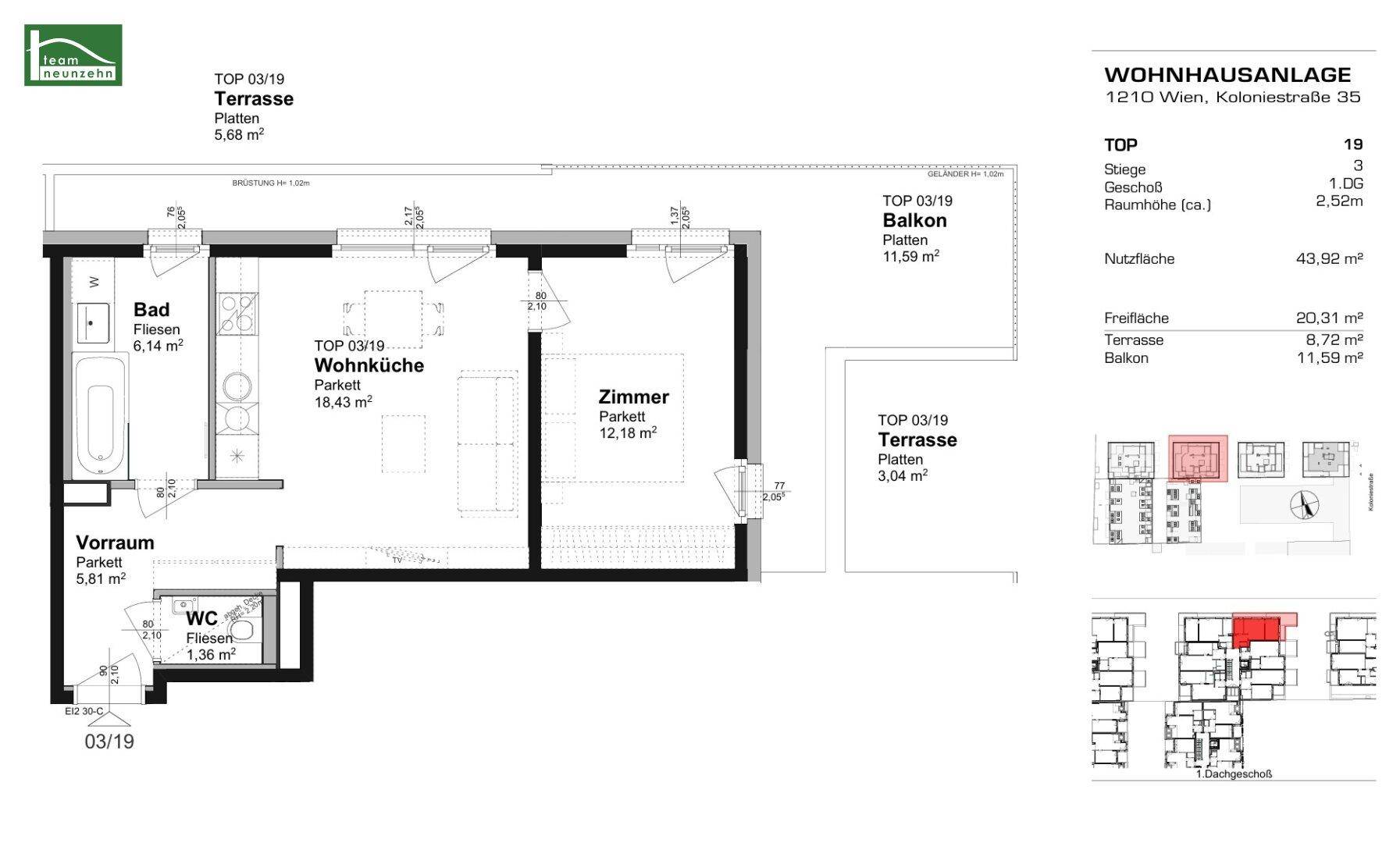 Grundriss der Einheit TOP 03/19 mit Wohnküche, Zimmer, Bad, WC, Terrasse und Balkon.