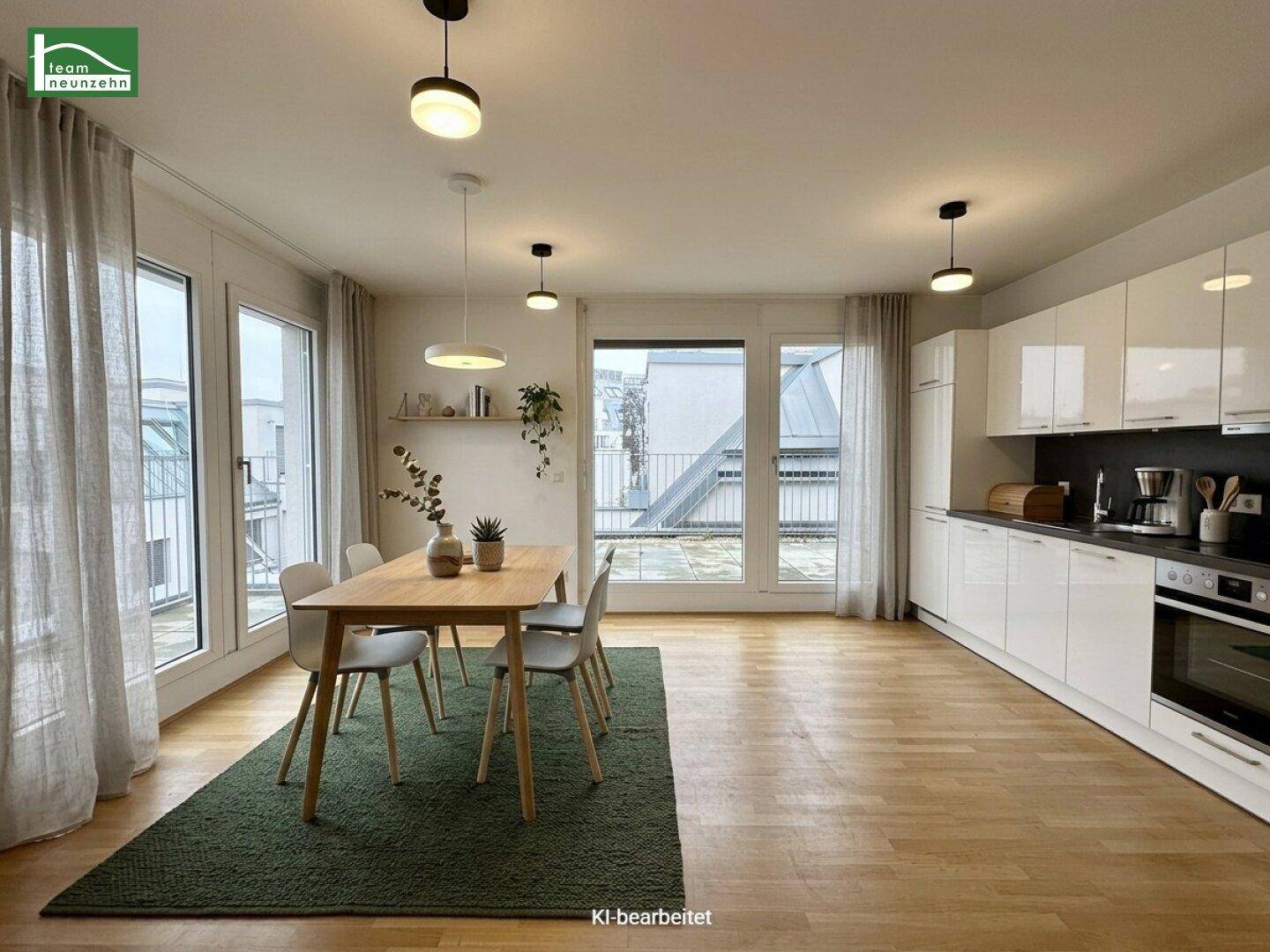 Virtuell inszenierter offener Wohn-Essbereich mit moderner Küche und Zugang zur Terrasse.