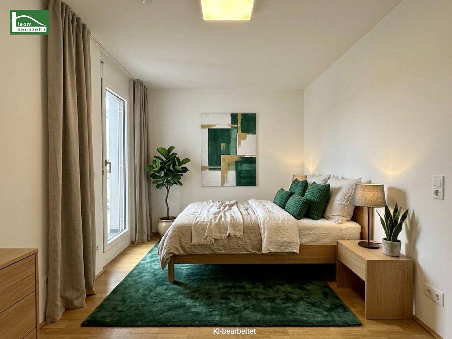 Virtuell eingerichtetes Schlafzimmer mit Parkettboden, großem Fenster und modernem Dekor.