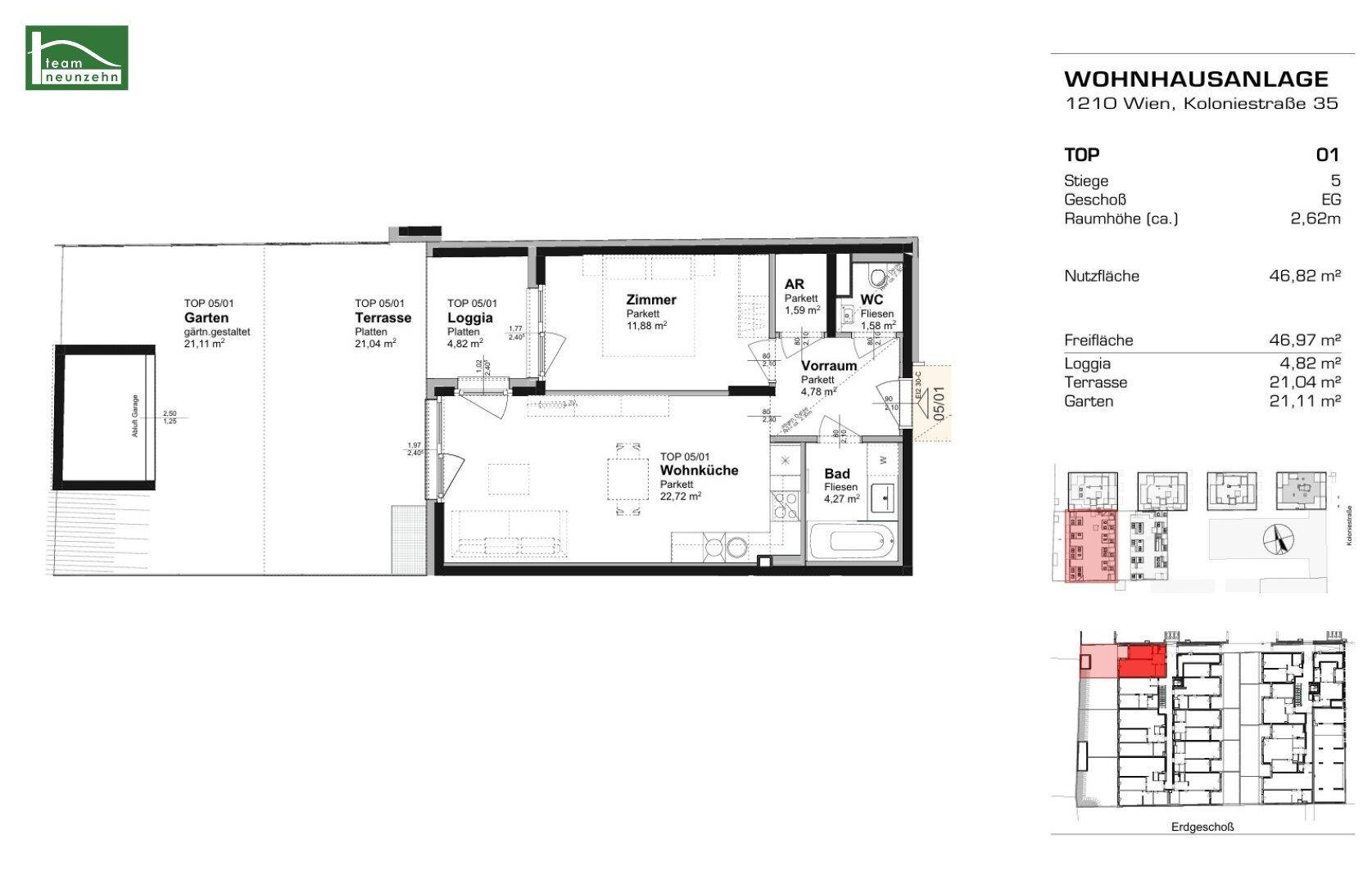 Grundriss der Wohnung TOP 01 mit Wohnküche, Zimmer, Loggia, Terrasse und Garten.