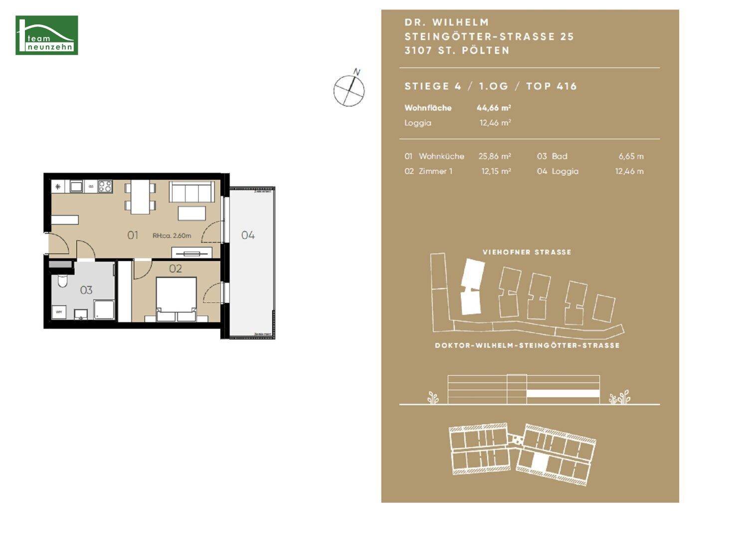 Grundriss einer Wohnung mit offener Wohnküche, einem Schlafzimmer, Bad und einer Loggia.