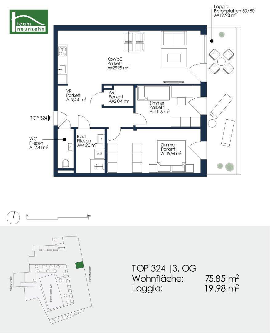 Grundriss der Wohnung TOP 324 mit 75,85 m² Wohnfläche und Loggia.