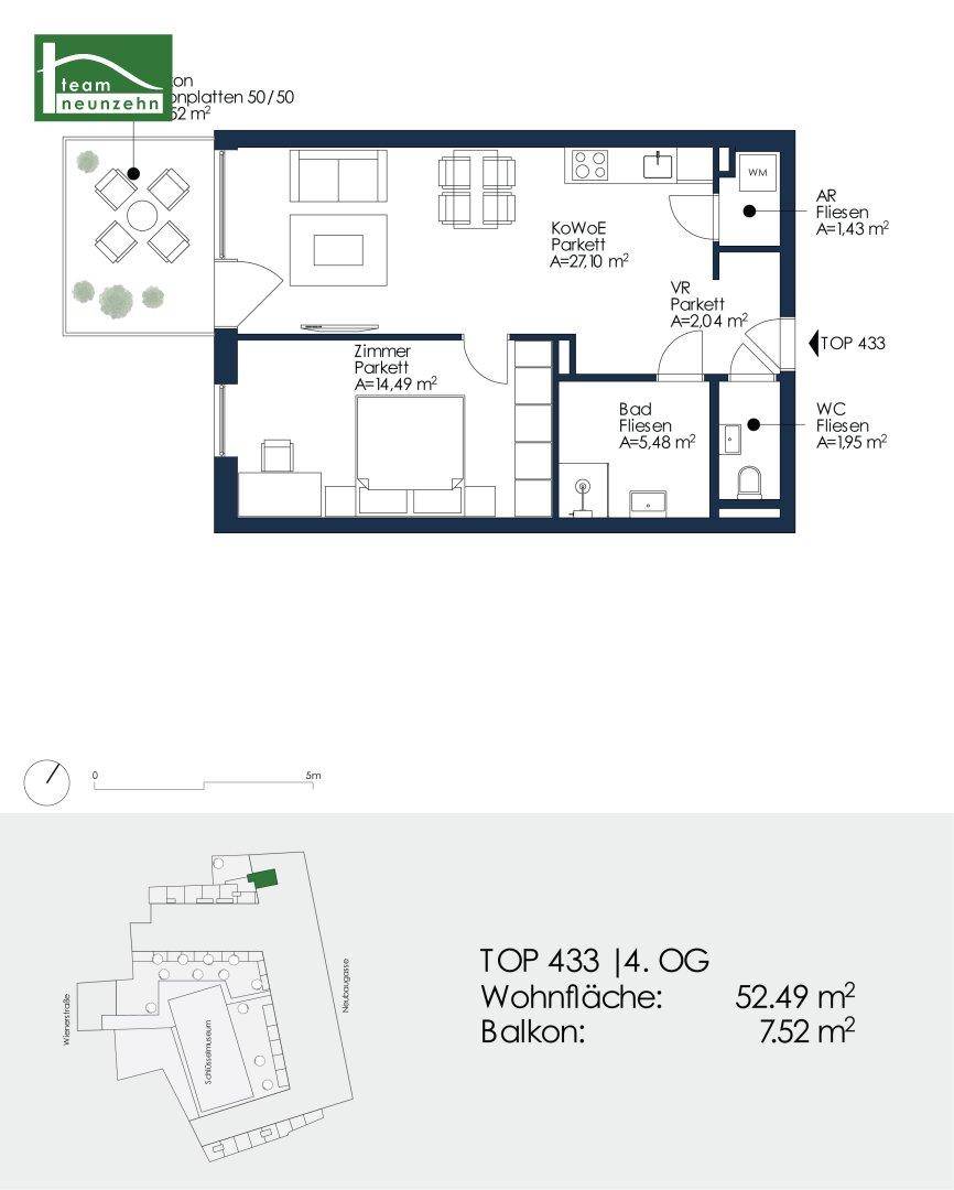 Grundriss der Wohnung TOP 433 im 4. Obergeschoss mit 52,49 m² Wohnfläche und Balkon.