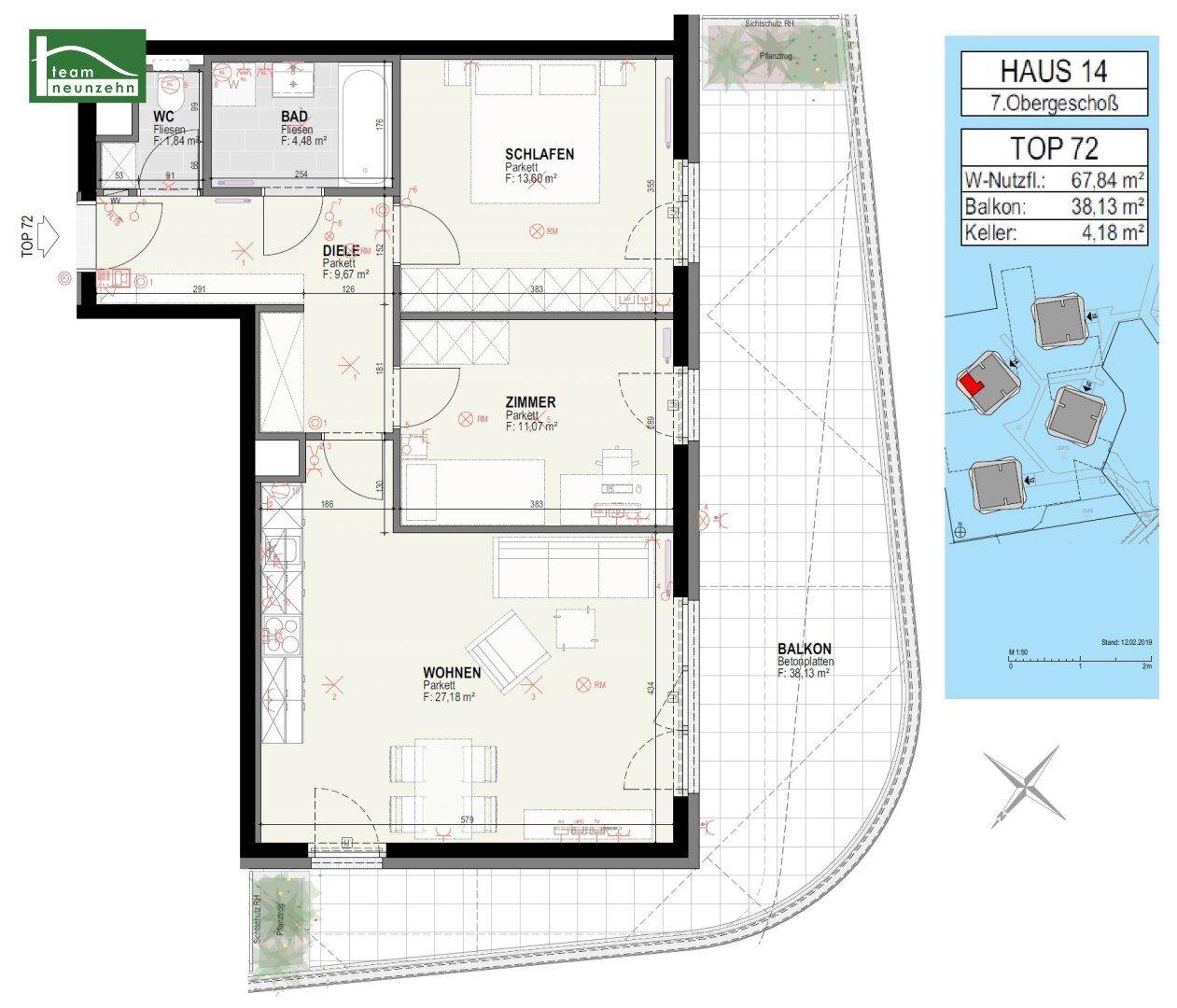 Detaillierter Grundriss einer modernen Wohnung mit offenem Wohnbereich, zwei Schlafzimmern und großem Balkon.