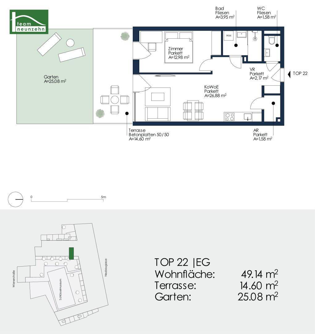 Grundriss der Wohnung TOP 22 mit Garten, Terrasse und offener Wohnküche.