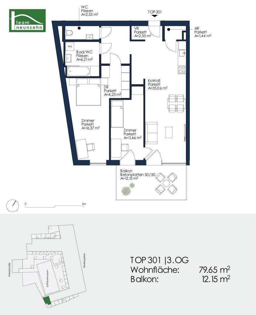 Detaillierter Grundriss der Wohnung TOP 301 mit Raumaufteilung und Balkon.