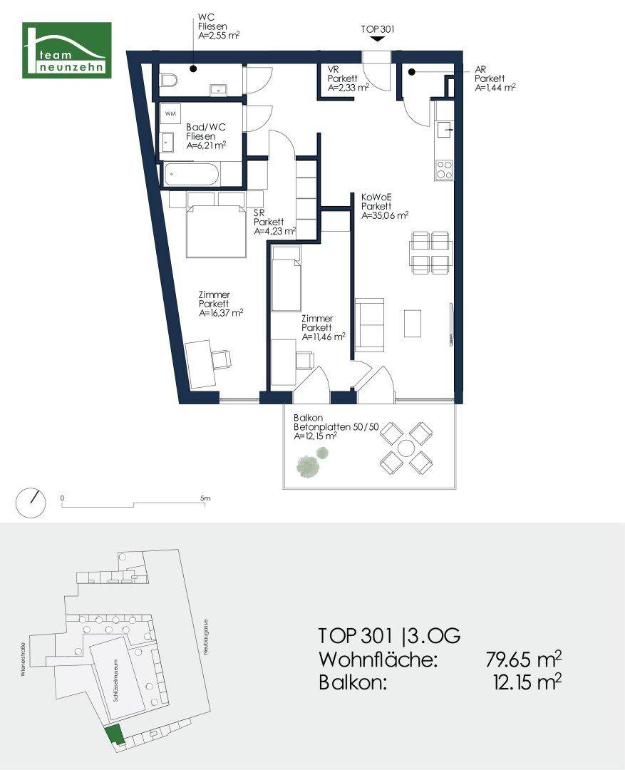 Detaillierter Grundriss der Wohnung TOP 301 mit 79,65 m² Wohnfläche und Balkon.