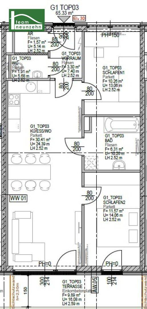 Detaillierter Grundriss einer Wohnung mit drei Zimmern und einer Terrasse.