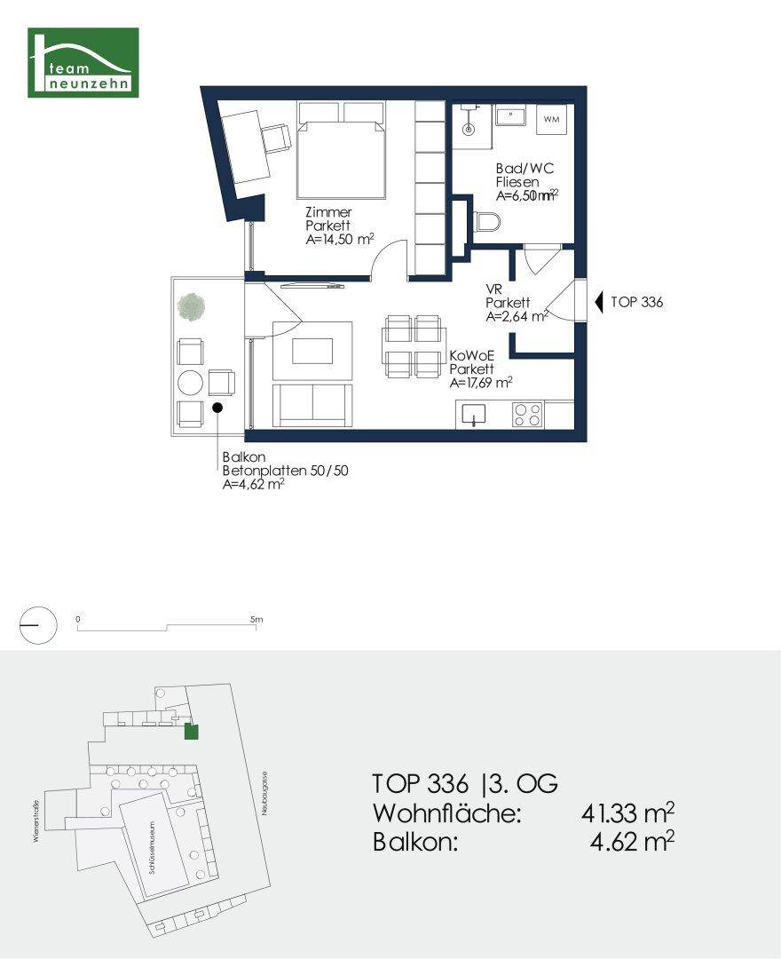 Grundriss der Wohnung TOP 336 mit einem Schlafzimmer, offener Wohnküche und Balkon.