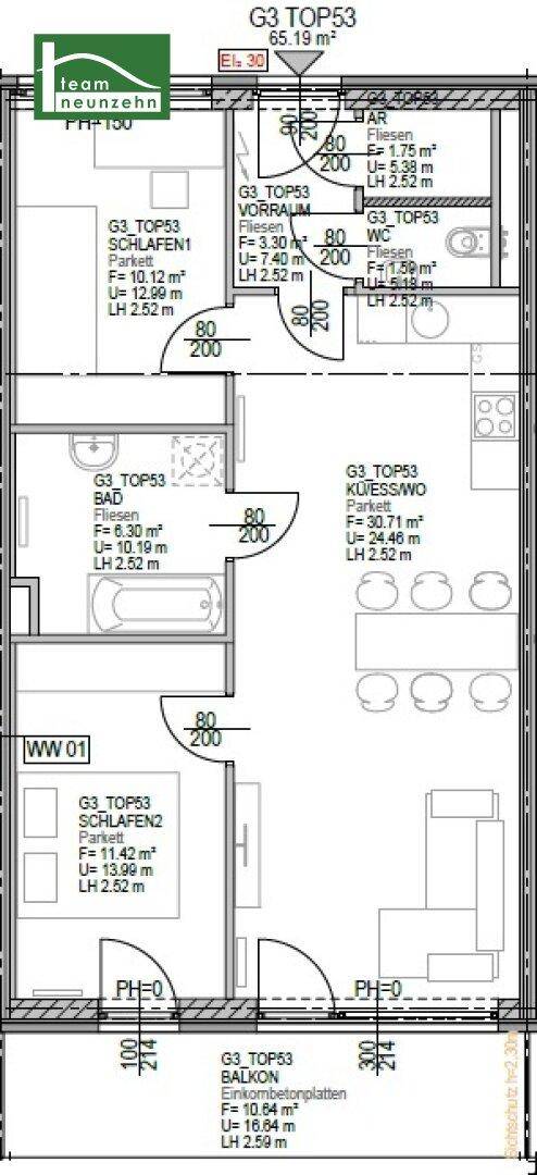 Detaillierter Grundriss der Wohnung G3 TOP53 mit zwei Schlafzimmern und Balkon.