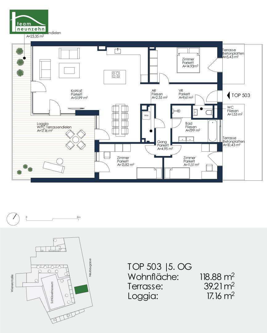 Detaillierter Grundriss der Wohnung TOP 503 mit Wohnfläche, Terrasse und Loggia.