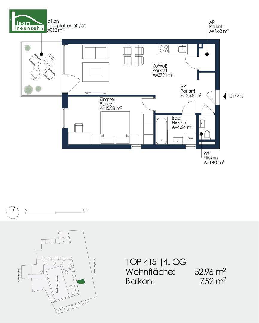 Detaillierter Grundriss der Wohnung mit Raumaufteilung, Balkonfläche und separatem WC.