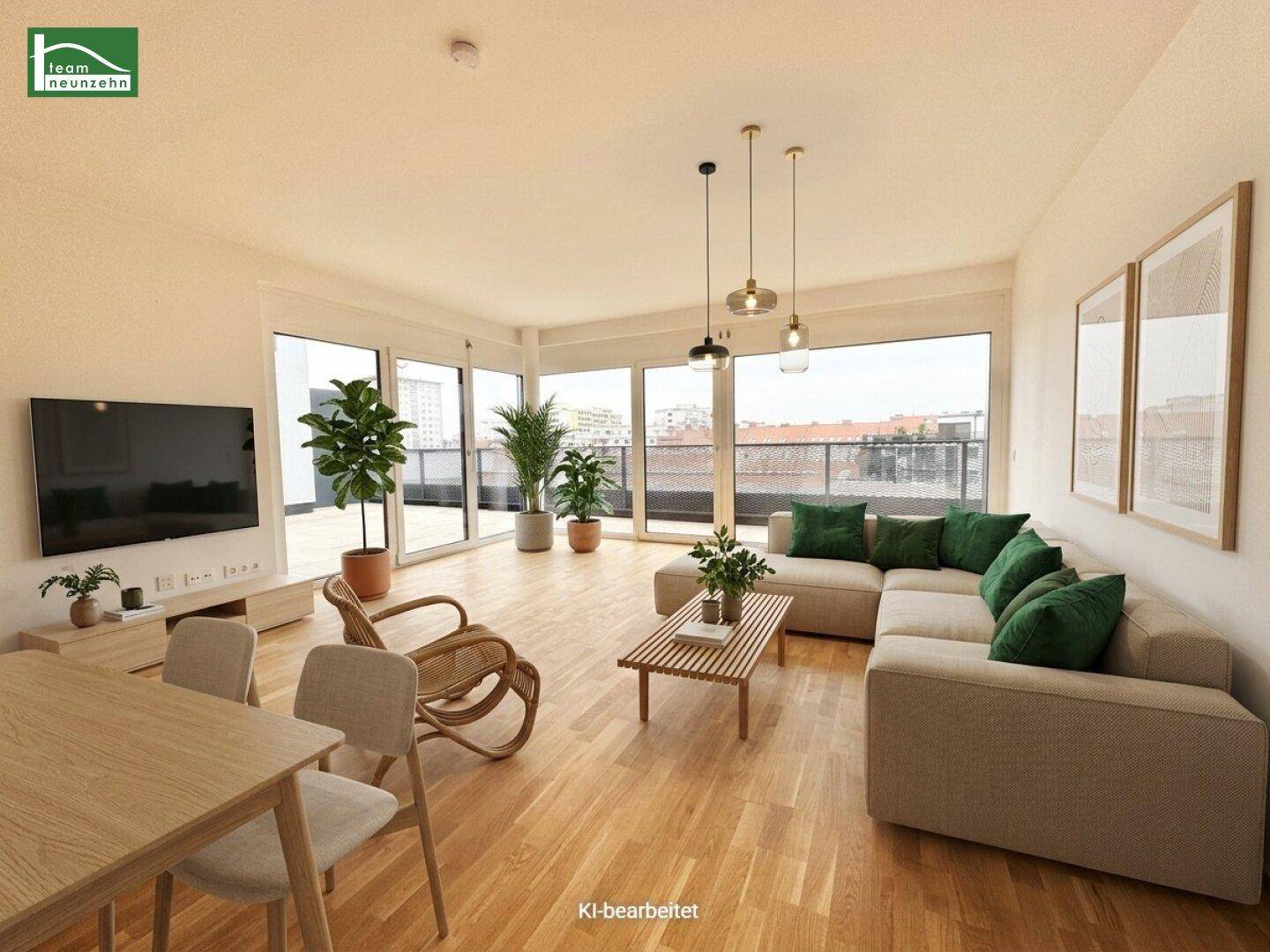 Virtuell inszenierter Wohn-Essbereich mit Parkettboden, großen Fenstern und Zugang zur Terrasse.