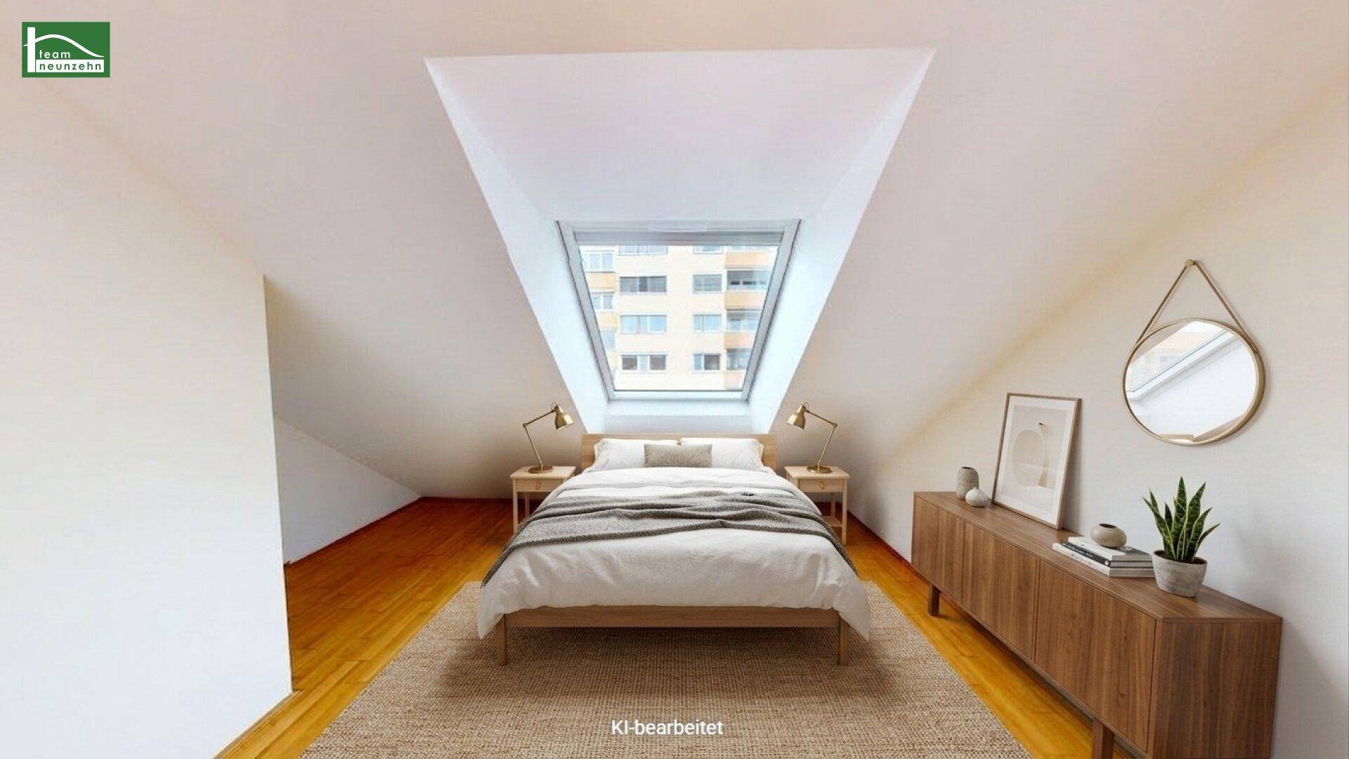 Virtuell inszeniertes Schlafzimmer im Dachgeschoss mit großem Dachfenster und Holzboden.