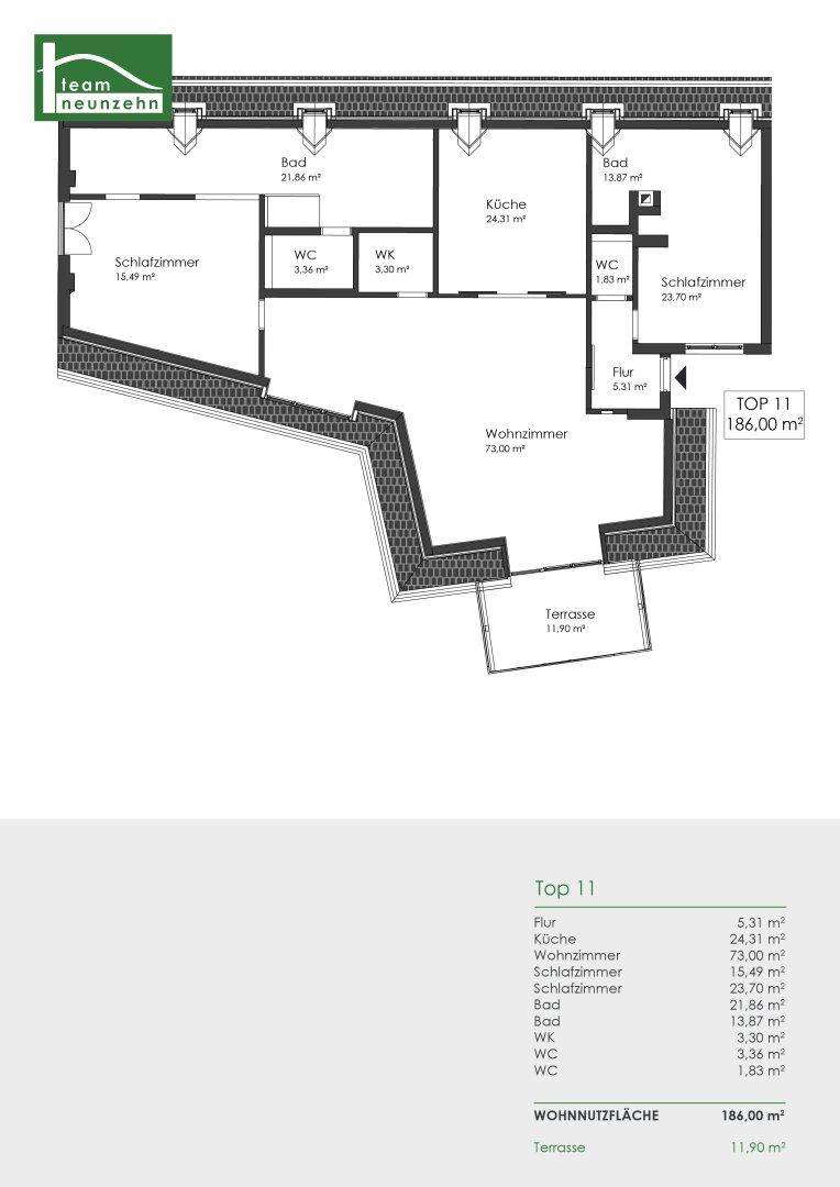Grundriss der Wohnung Top 11 mit Wohnzimmer, Küche, Schlafzimmern und Terrasse.